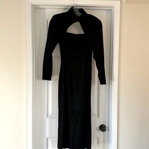 Faux suede, Black cocktail dress with cut outs, long sleeve, padded shoulders